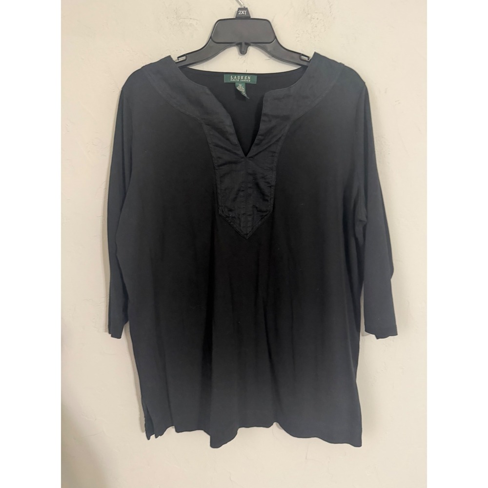Lauren Ralph Lauren Black Cotton Split V-Neck Satin Trim Tunic Top 1X Womens